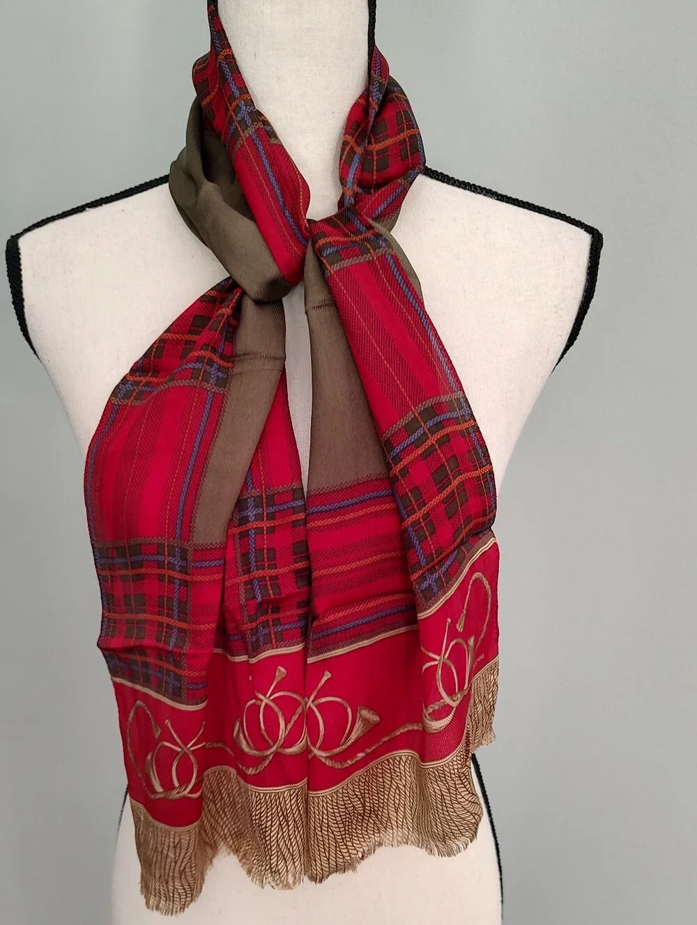 Vintage Liz Claiborne Japanese Silk Stole Scarf Equestrian Hunt Red Gold Horns